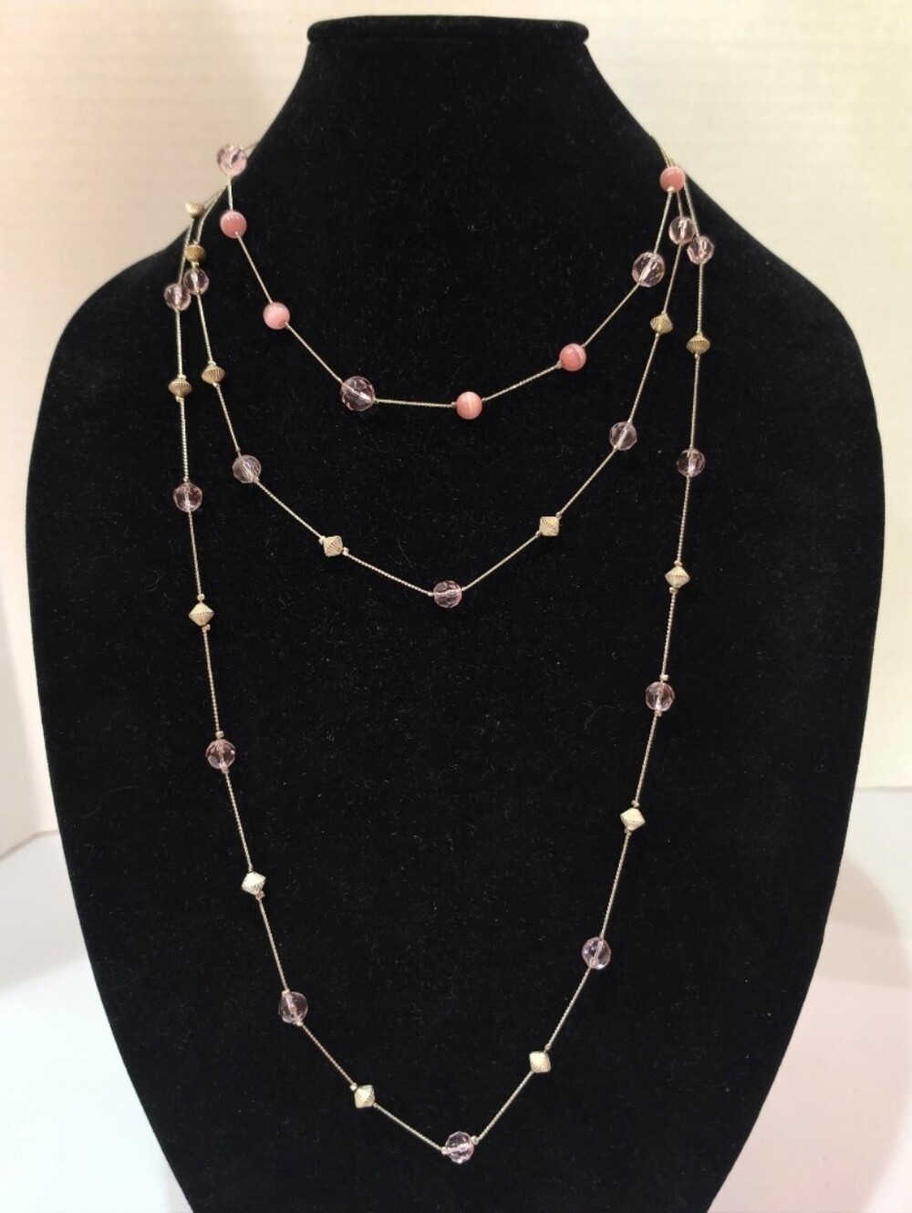 Vintage Multi Strand Pink Beaded Station Necklace Three Layer Faceted